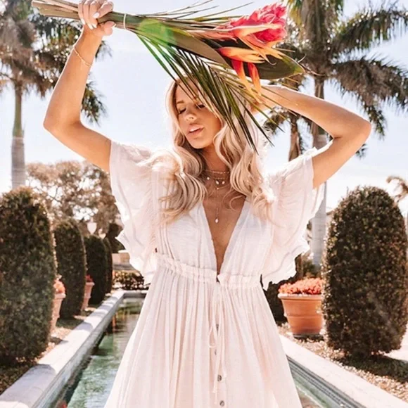 Boho Gauze Button White Maxi Dress Gown Coverup, Butterfly Arms Detail